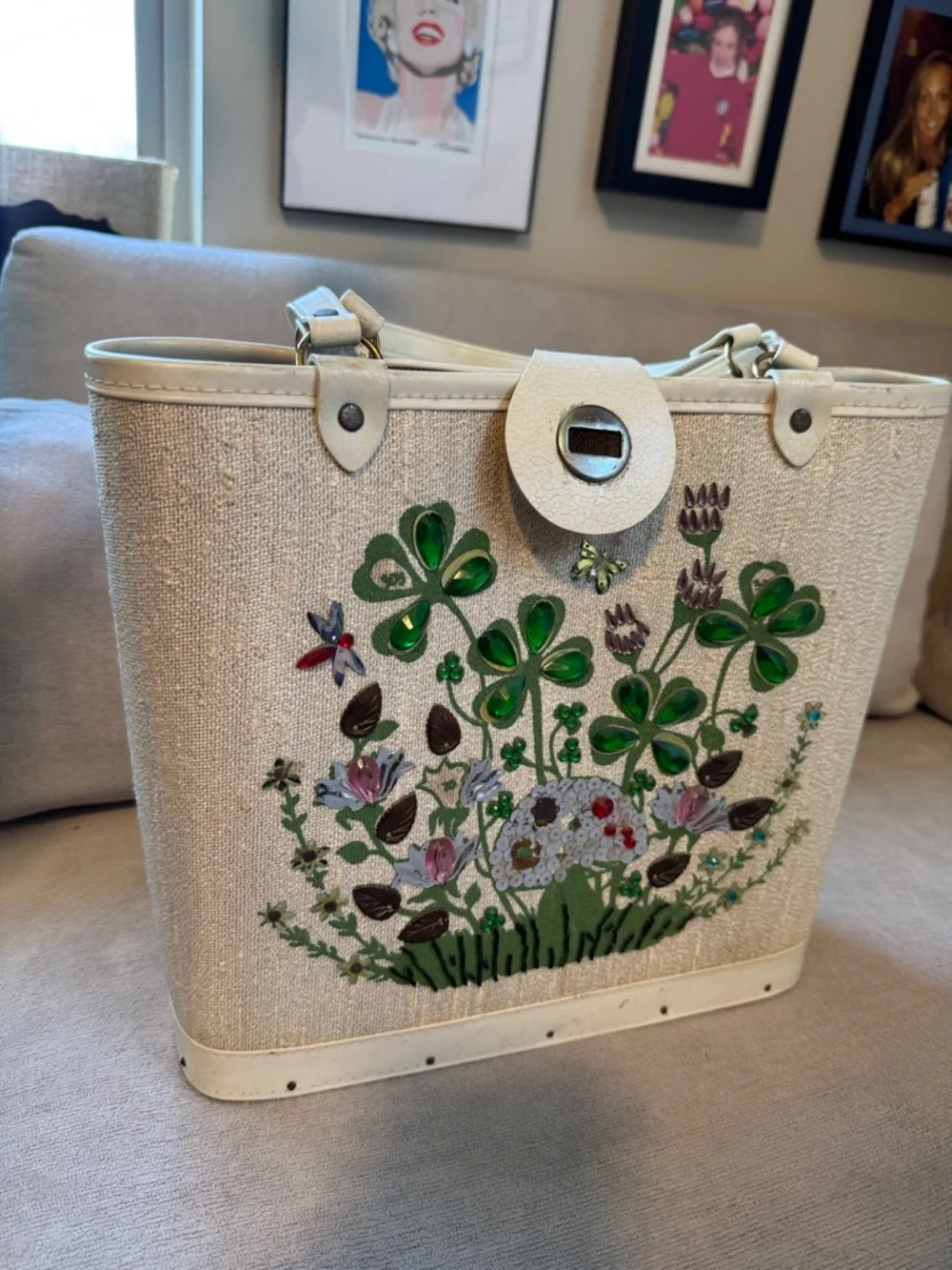 Vintage Cream Tote with Green Floral Appliqué and Jewel Accents - Picture 3 of 12